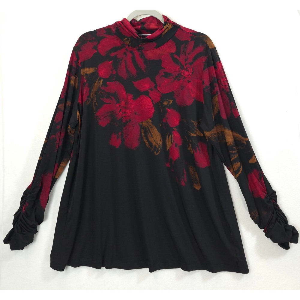 Susan Graver Liquid Knit Mock Neck Ruched Sleeve Tunic Floral Black Red Women 1X
